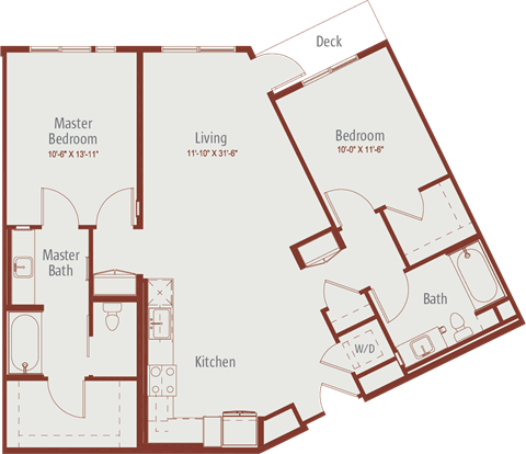 Floor plan for 2 beds, 2 baths, 1132 sqft